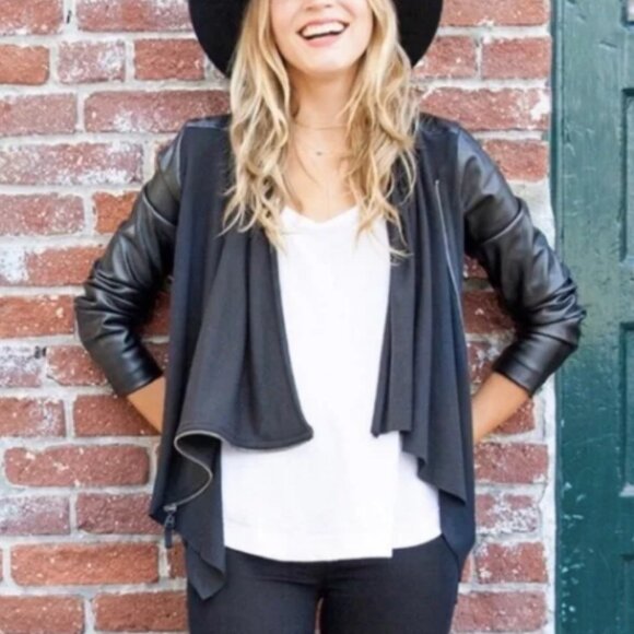 Blank NYC Drape Front Jacket Open Waterfall Faux Leather Knit Moto S - Picture 3 of 10